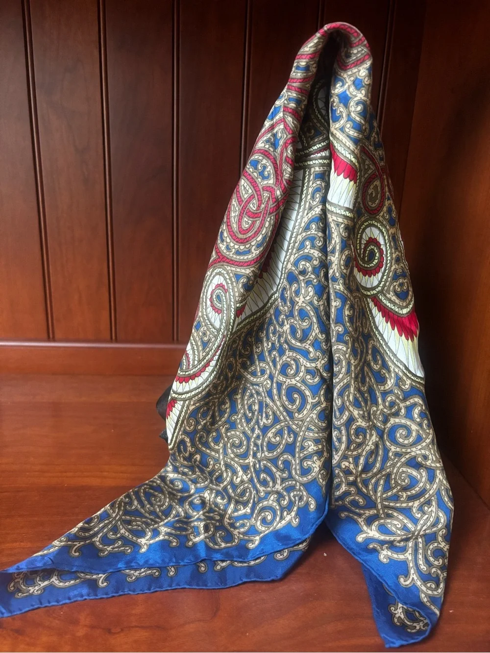 Navy Blue Paisley Silk blend Scarf with Red & Gold Accents